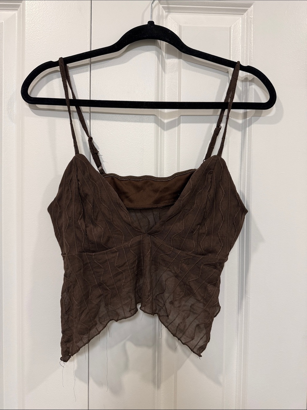 Brown Mesh V-Neck Spaghetti Strap Crop Top